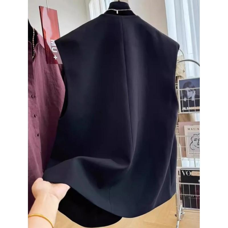 Women's Spring/Fall V-Neck Outerwear: Elegant Sleeveless Blazer Vest with Minimalist Design for Commuting