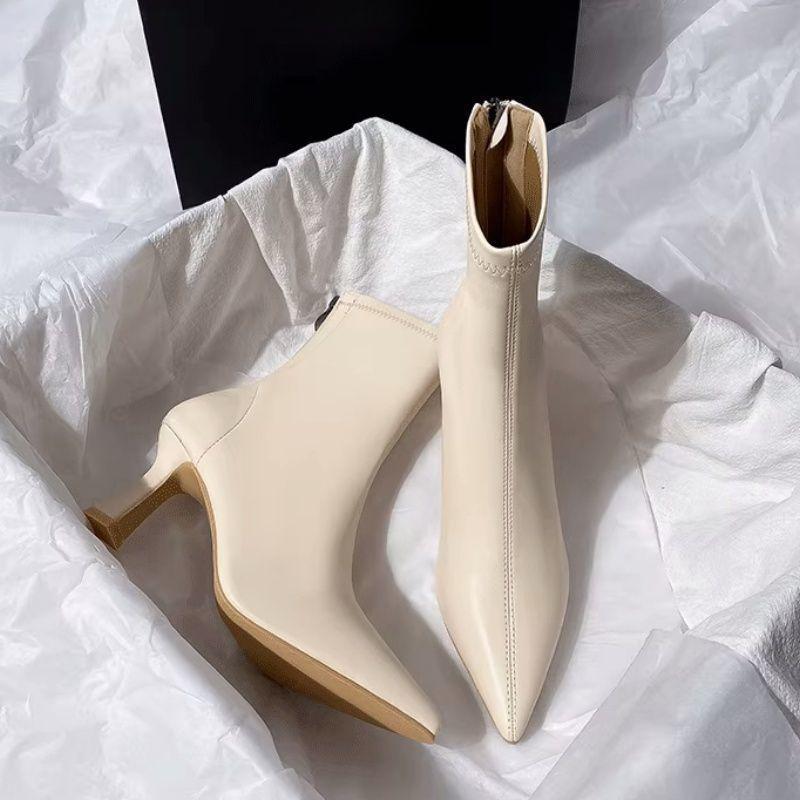 Women's High Heel Stiletto Ankle Boots - Brown/Beige, Early Autumn, Pointed Toe, Elastic Fit, Chic Style.