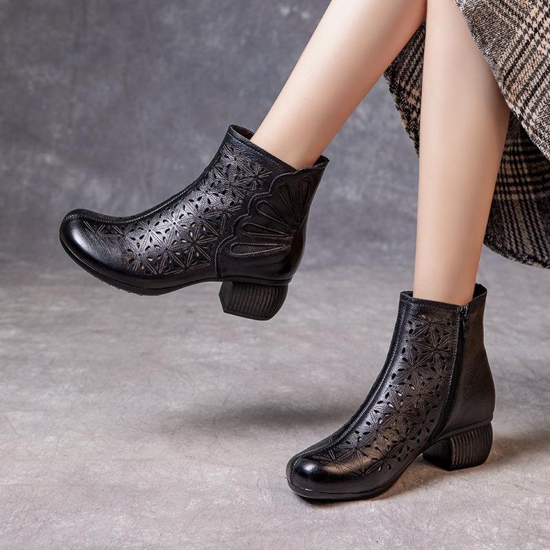 Soft-soled Short Boots Breathable Hole Mother High-top Sandals New Hollow Leather Thick High-heeled Cool Boots