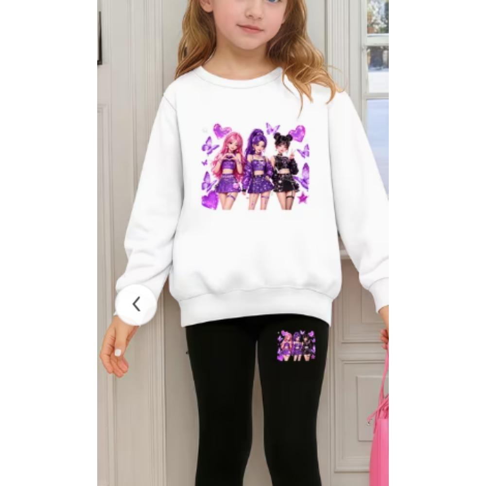 Girls' Cartoon Girl Casual Comfortable Soft Loose Pullover Sweatshirt and Leggings 2-Piece Set, New Autumn/Winter, Playful, Sweet and Cool Style
