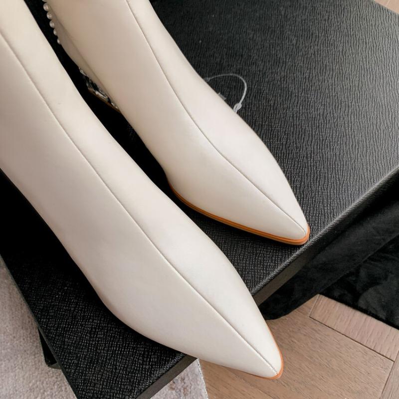 Fashion Black White Cowhide Pearl Edge Retro Knee High Boots New Autumn Winter 5.5cm Low Heel Commuting Shopping Fashion Warm Long Boots