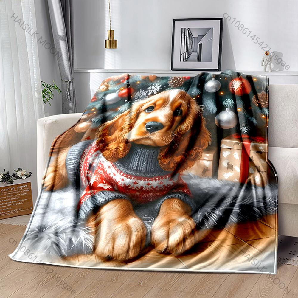 1PC Christmas Themed Cocker Spaniel Print Blanket Flannel Material Soft Warm for All Seasons, Home Outdoor Camping Picnics