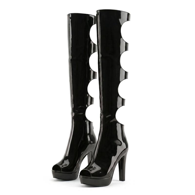 Women s high-heeled cool boots spring and summer new waterproof table thick heel large size hollow sexy fish mouth boots 34 чёрный 6860₽