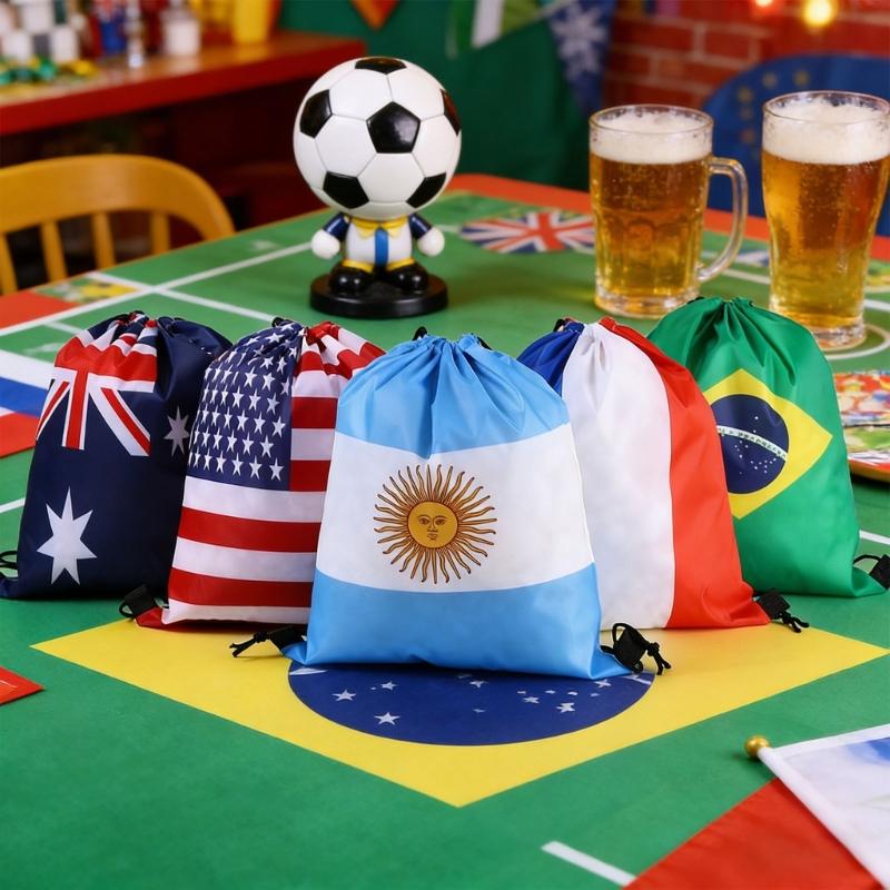 Pack Of 4 Durable Polyester Drawstring Bags With Tournament Flags Football Fan Gift For Party Favors And Sports Event
