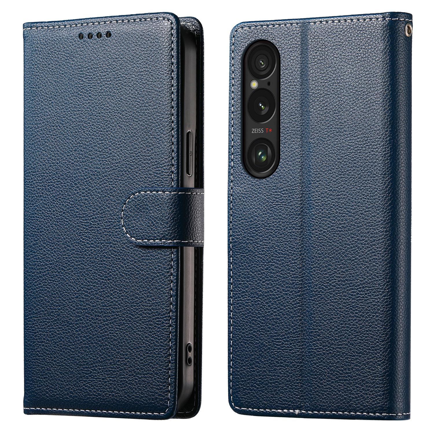 

DF-012 Чехол для Sony Xperia 1 VI Кожа с текстурой личи Магнитная застежка Кошелек Подставка Чехол для телефона Dark Blue