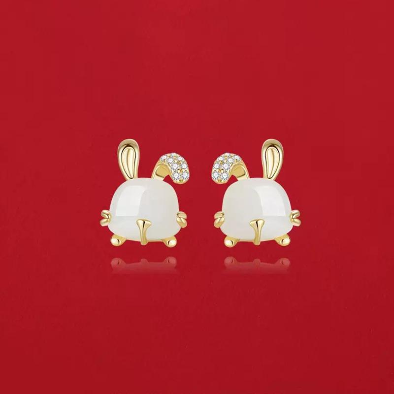 

925 Silver Jade Rabbit Stud Earrings - Light Luxury Zodiac Design for Women