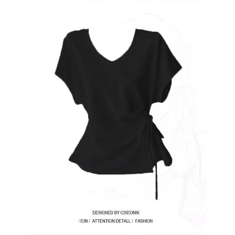 Cotton Large Size Bat Sleeves Tied At the Waist Design V-neck Short-sleeved T-shirt for Women Summer Korean Tops