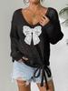 Women's Loose-Fit Knitted Sweater with Butterfly Tie-Up and Hollow-Out Sleeves