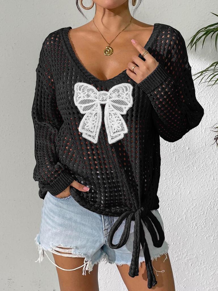 Women's Loose-Fit Knitted Sweater with Butterfly Tie-Up and Hollow-Out Sleeves