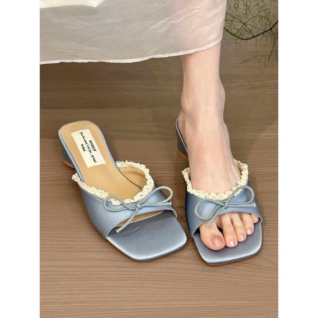 Goose Egg Yellow! Temperament Satin Square Head Word with Lace Sandals Women's Summer and Korean Version Gentle Thick Heel Bow Sandals