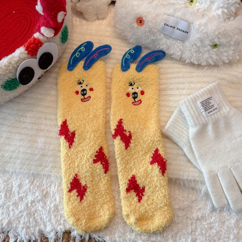 Coral fleece socks women's embroidery funny expression socks clown socks winter warm cute cartoon doll medium tube socks