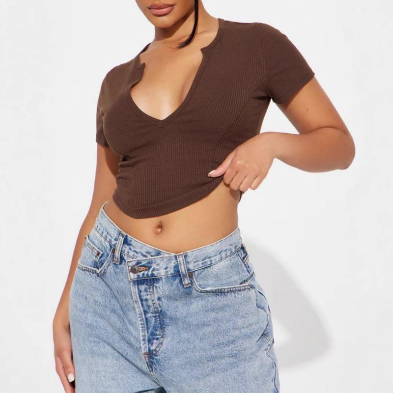 Women Sexy Deep V Neck Cropped Short Sleeve Slim Fit Casual Sports T Shirt