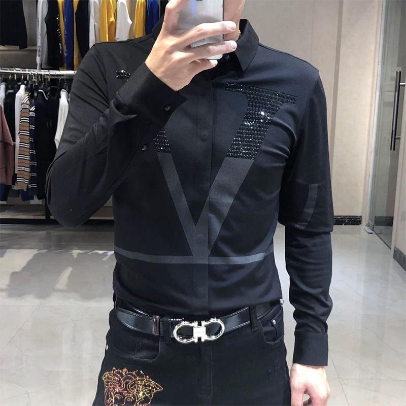 Frühling Herbst Persönlichkeit Diamanten Brief Druck Hemd Hombre Langarm Casual Mode Alle-spiel Bodenbildung Bluse Männer Top
