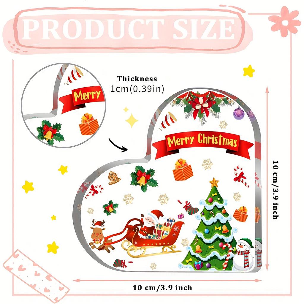 2D Flat, Acrylic Heart Christmas Desktop Decoration, Santa, Reindeer, Snowflakes & Holly Design, Suitable for wall decoration, porch, room, villa, acc