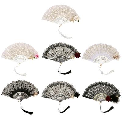 Retro Fan with Tassels Folding Hand Fan Lace Fan Wedding Fan Flower Fan Photo Props for Dancing Party Halloween Party