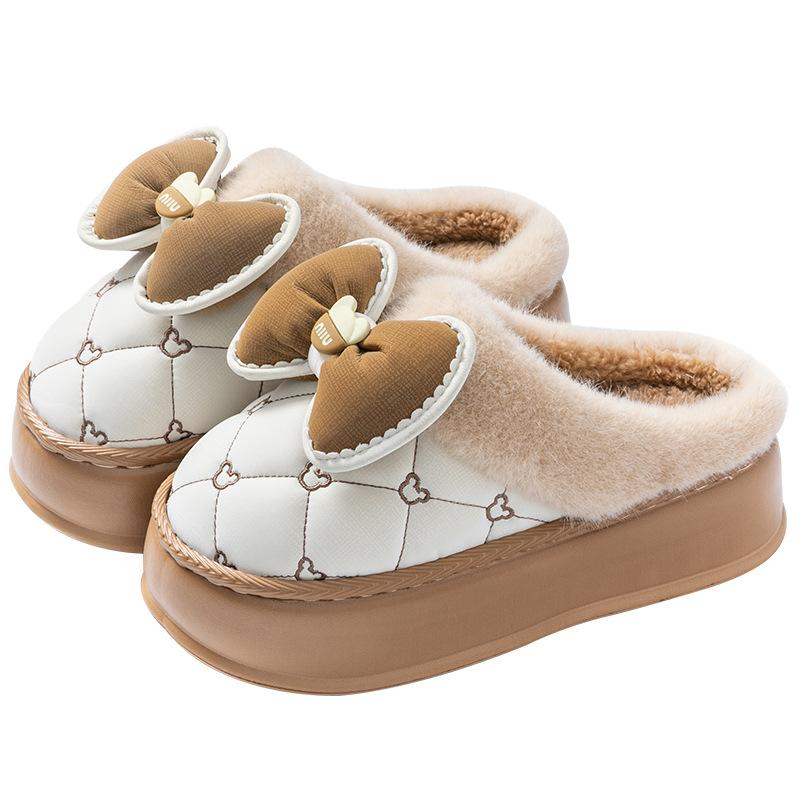 Bow Winter Cotton Slippers Autumn and Winter Couple Indoor Home Use Thickened Soft Bottom Plush Slippers