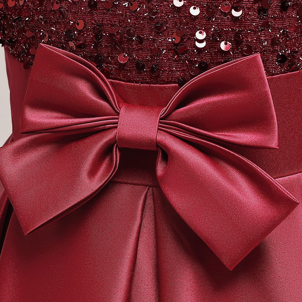 New Girls' Princess Dress with Fine Sequins, Puff Sleeves, and Spliced Satin Tutu Skirt