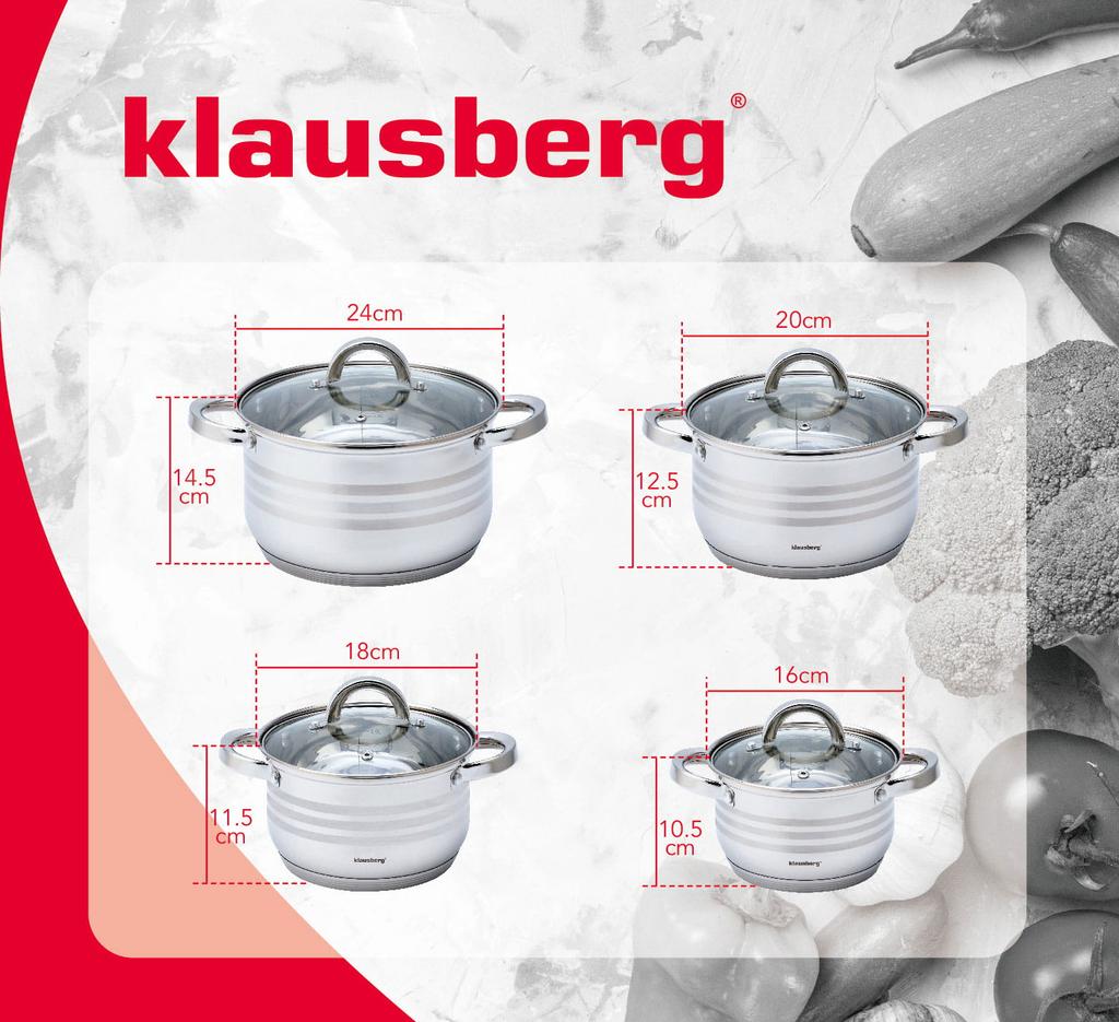 8-piece Steel Pot Set. 2.1/2.9/3.9/6.6L KLAUSBERG KB-7694