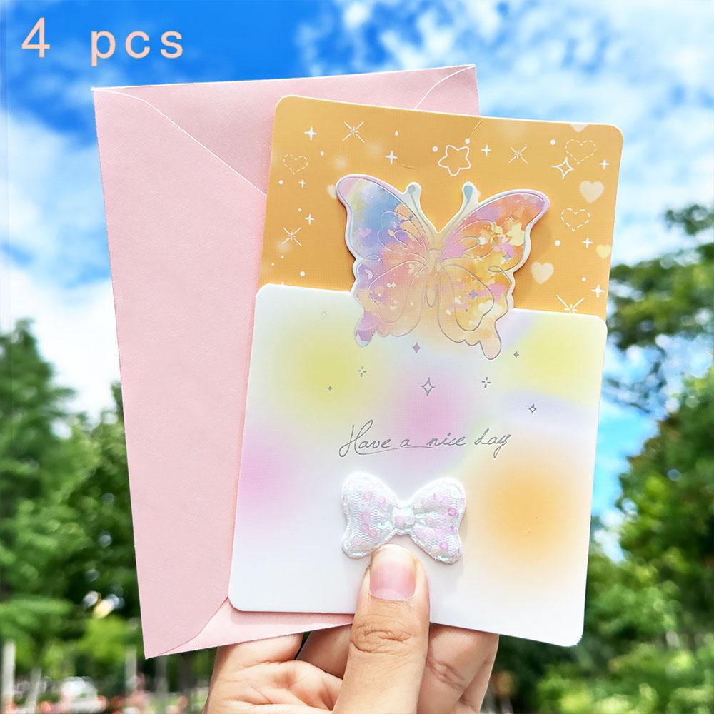 

4 pcs Butterfly shaped greeting card, exquisite message envelope, postcard, bow, three fold discount card жёлтый