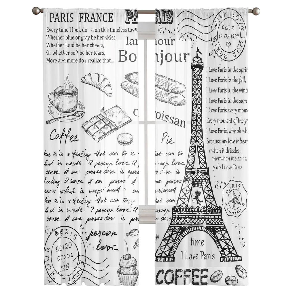 Black And White Paris Drawing Tulle Curtains for Living Room Drapes Window Sheer Modern Curtains for Bedroom Decor