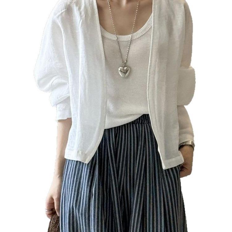 Women Retro White Shirt Jacket Summer Artistic Cardigan Top Thin Loose Long Sleeved Sun Protection Shirt