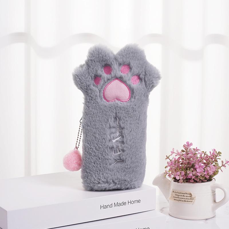 Cartoon Cat Paw Plush Pencil Case, Large Capacity, Cute Girly Student Stationery Bag