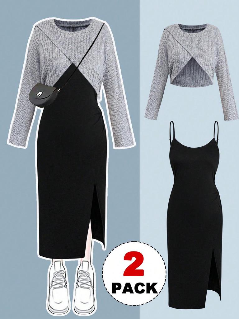 Plus Size Women's Knit Cardigan & Split Camisole Dress Set - Korean Style Autumn/Winter