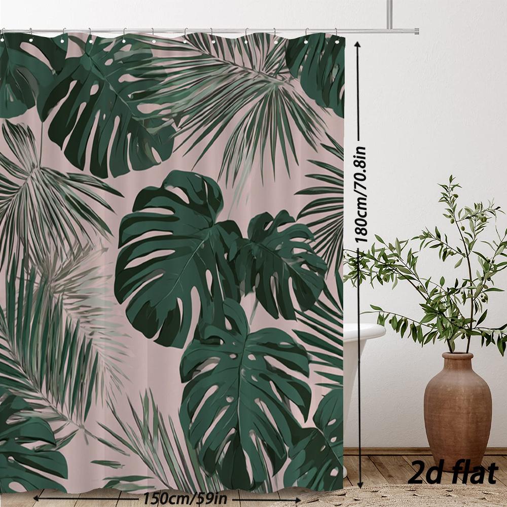 Tropical Leaf Shower Curtain – Pink Background With Monstera & Palm, 12 Hooks, 70.8×70.8 In, Polyester, Machine Washable