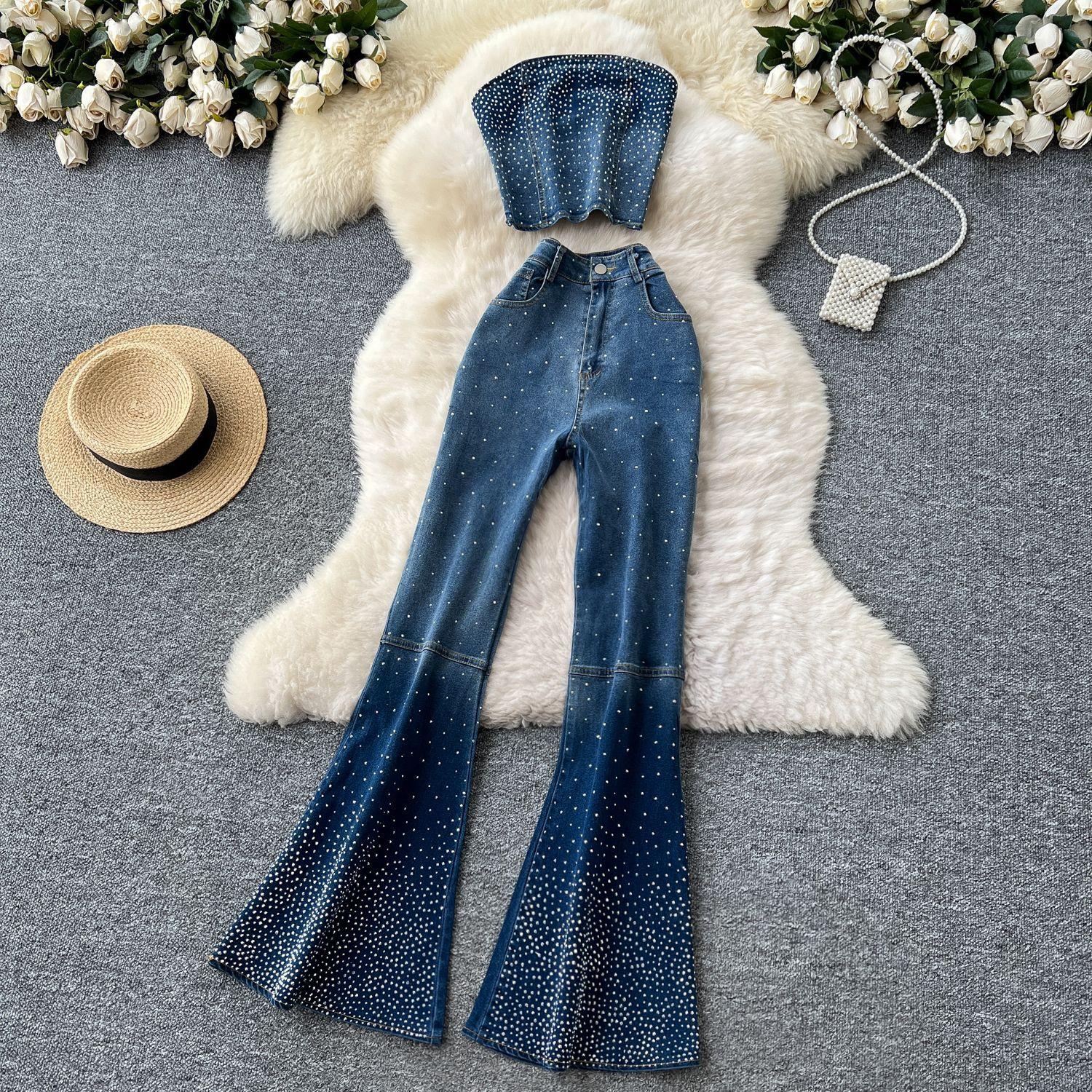Sieviešu Rhinestone Gradienta Džinsa 2 daļu