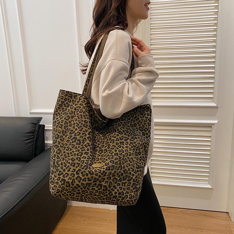 Leopard Print Double-Sided Canvas Tote - Large Capacity College Style Shoulder Bag