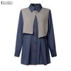 Women Casual Turn Down Collar Loose Long Sleeve Patchwork Blouse