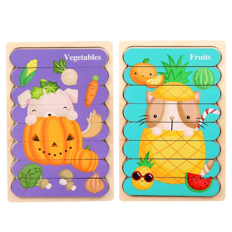 Kids New Wooden Two-sided Strip 3D Puzzles Wood Vehicle Fruit Jigsaw Puzzle Toy for Children Baby Learning Educational Toys Gift