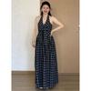 Plus-Size Women's French-Style Plaid Bow-Tie Halter Dress 2026 Summer Fashion Slimming Dress