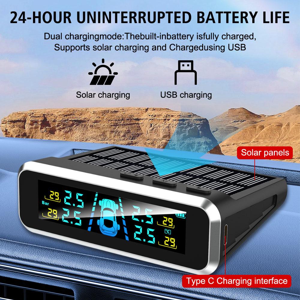 S13 Car Tire Pressure Monitoring System Auto Security Alarm Systems USB / Solar TPMS Digital LCD Display 0-6.0Bar