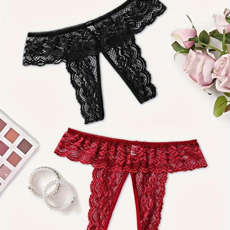 Plus Size Wedding Sexy Brief, Women's Plus Crotchless Floral Lace Scalloped Trim Sheer Panty, Sexy Lingerie