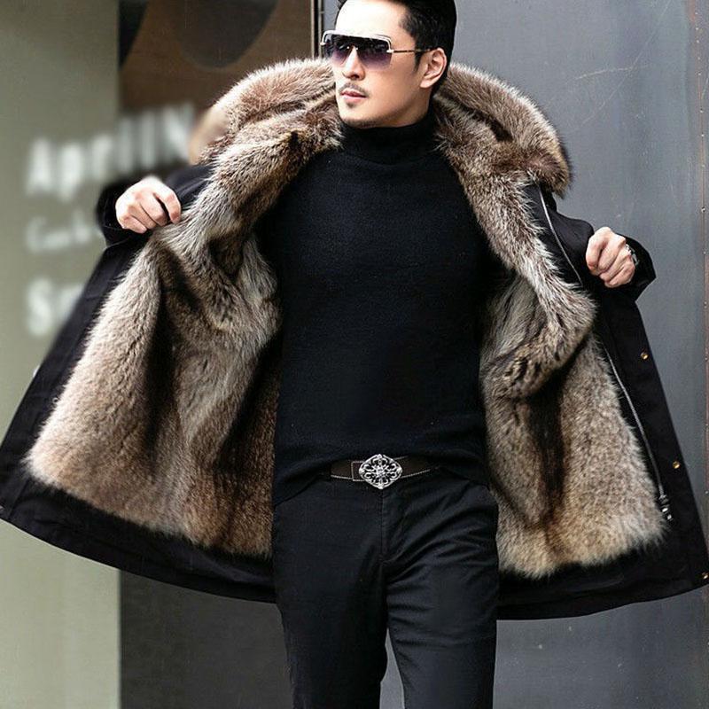 Men's Parka with Full Mink Fur Inner Liner New Winter Style Fur-on-skin Coat Imitated Mink Cashmere Mid-long Length Fur Coat