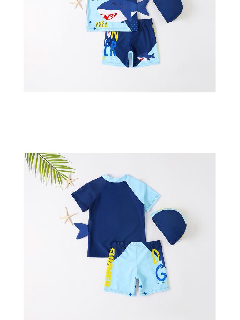 New Cute Shark Toddler Boys' Swimsuit Set with Quick-Dry Shorts, Short Sleeves, Sunscreen, and Swim Cap