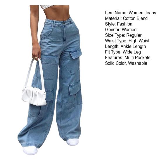 Dámské džíny s vysokým pasem, zapínání na knoflík a zip, rovné široké nohavice, denim