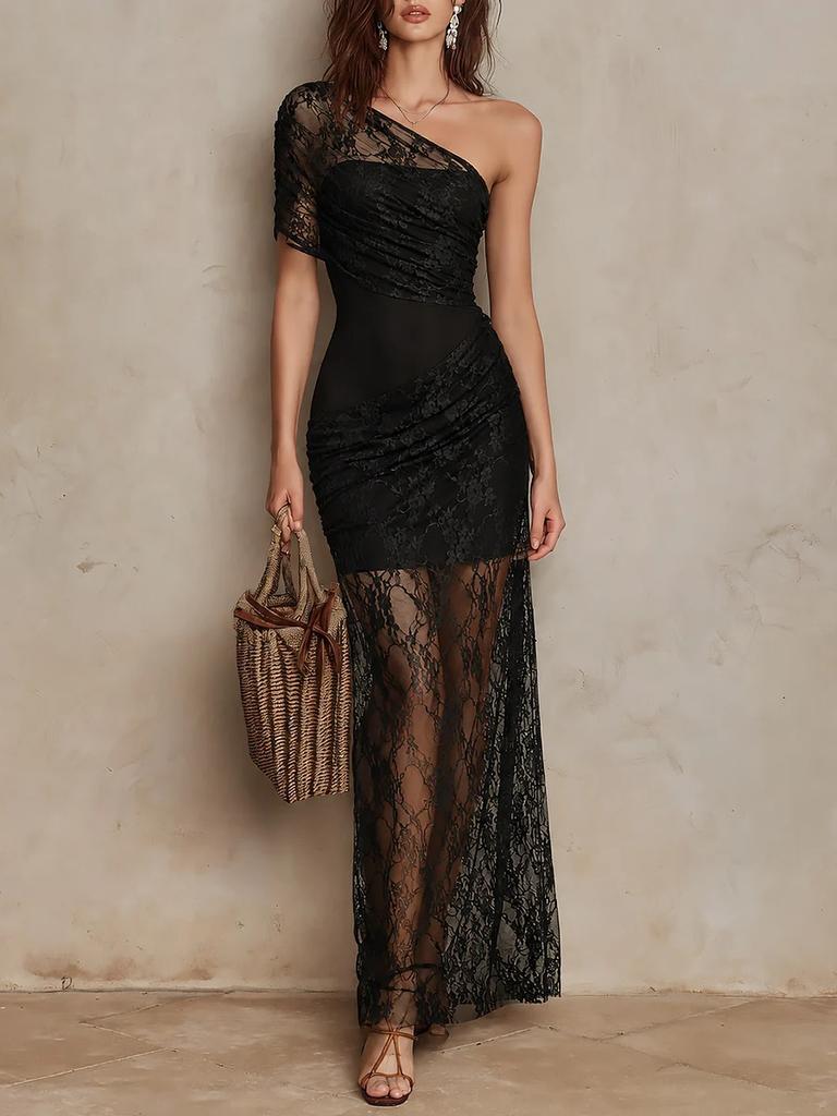 European and American new products spring and summer sexy slim lace see-through lining off-the-shoulder holiday dress