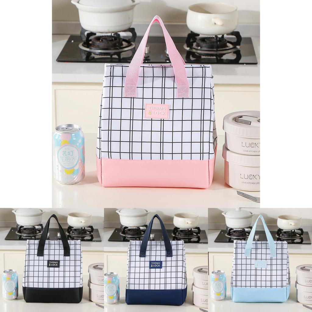 Minimalist Oxford Grid Lunch Bag With Insulated Storage For Office And Travel Use