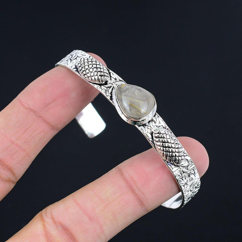 925 Sterling Silver Pear Golden Rutile Gemstone Engagement Boho Bangle Bracelet