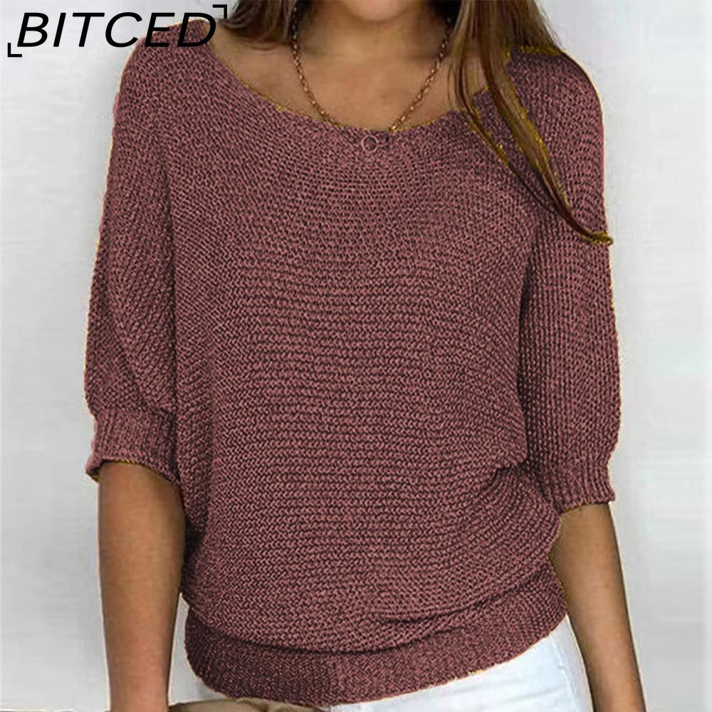 BITCED Βαμβακερό Πλεκτό Τοπ Μονόχρωμο με Στρογγυλή Λαιμόκοψη για Γυναίκες Κομψή Μπλούζα με 3/4 Μανίκια για το Γραφείο και Χώρους με Κλιματισμό