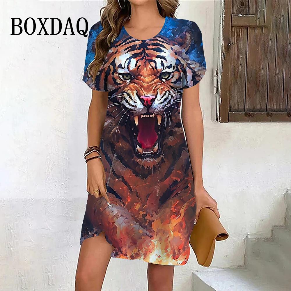 Tiger Graphic Dresses For Women Casual 3D Print Vintage Dress Female Fashion Short Sleeve Plus Size Dress Summer Clothes