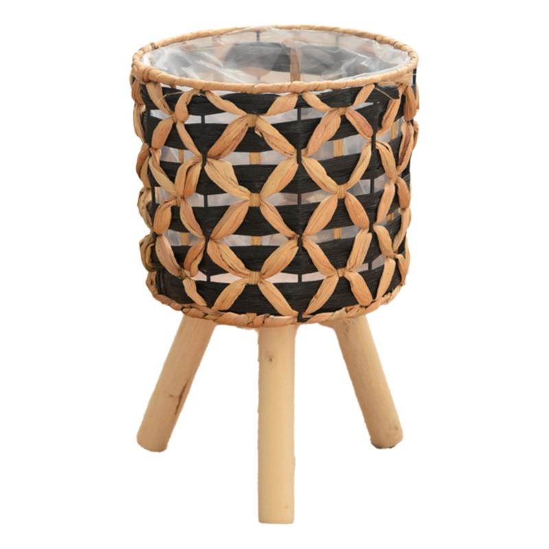 Wood Legged Gourd Grass Plant Stand for Indoor Outdoor Display Hand Woven Planter Basket Flower Pots Storage Container