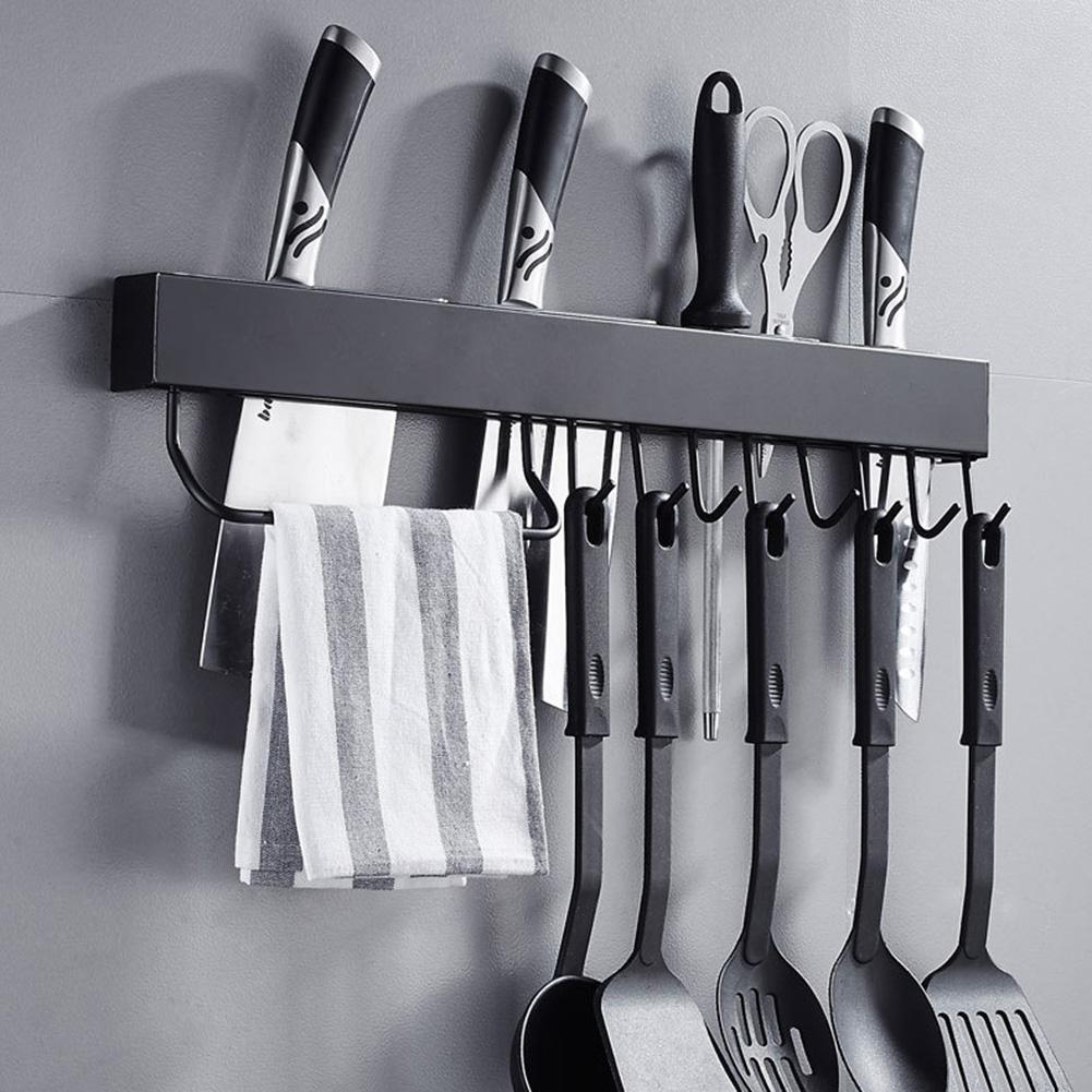 Бытовой черный настенный кухонный стеллаж из нержавеющей стали 304 Держатель для ножейДлина 40 см Черный с 6 крючками 1840₽