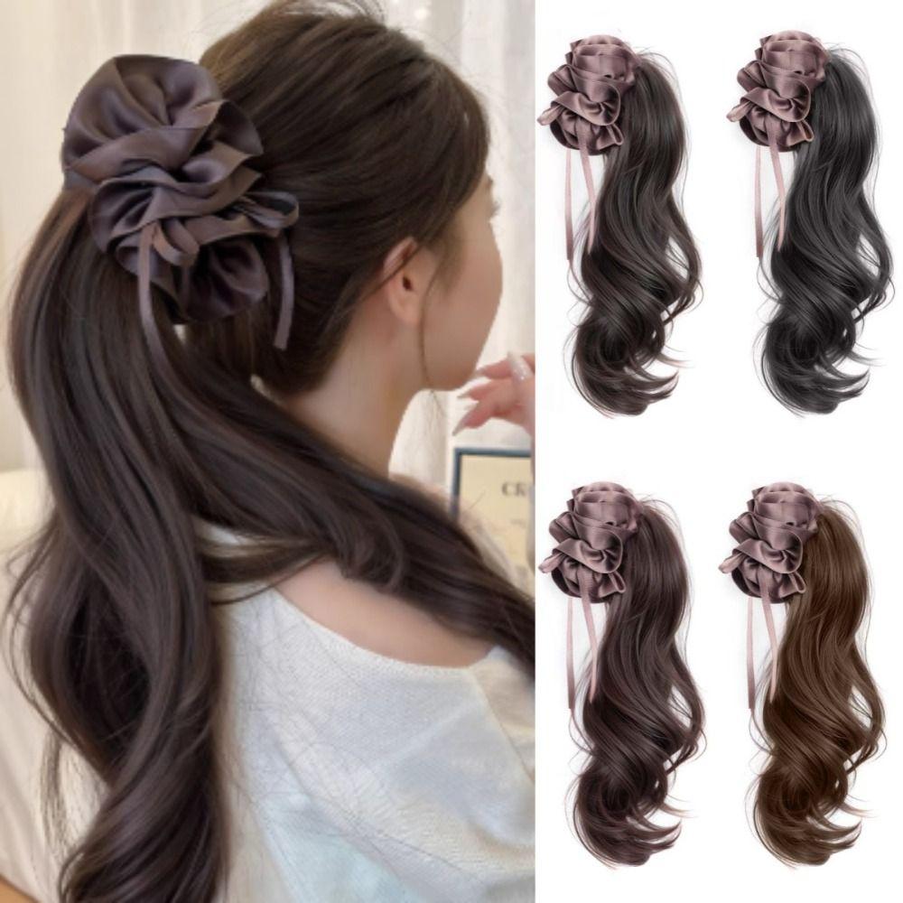Synthetic Ribbon Banana Clip Ponytail Pleated Bow Pony Tail Hair piece  for Women