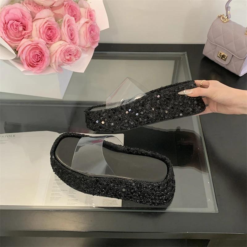 

Summer Fashion Bling Sequin Cloth Square Toe Platform Wedge Heels Slippers Woman Banquet Sandals Slide Shoes 35 чёрный