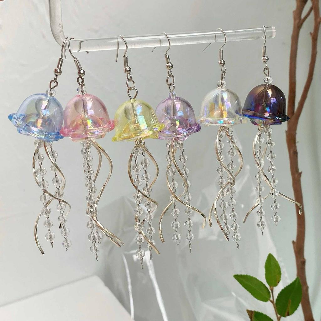 Transparent Iron Jellyfish Earrings Natural Stone Trendy S-Shaped Chain Tassel Hand-Crafted Beaded Design Cross-Border