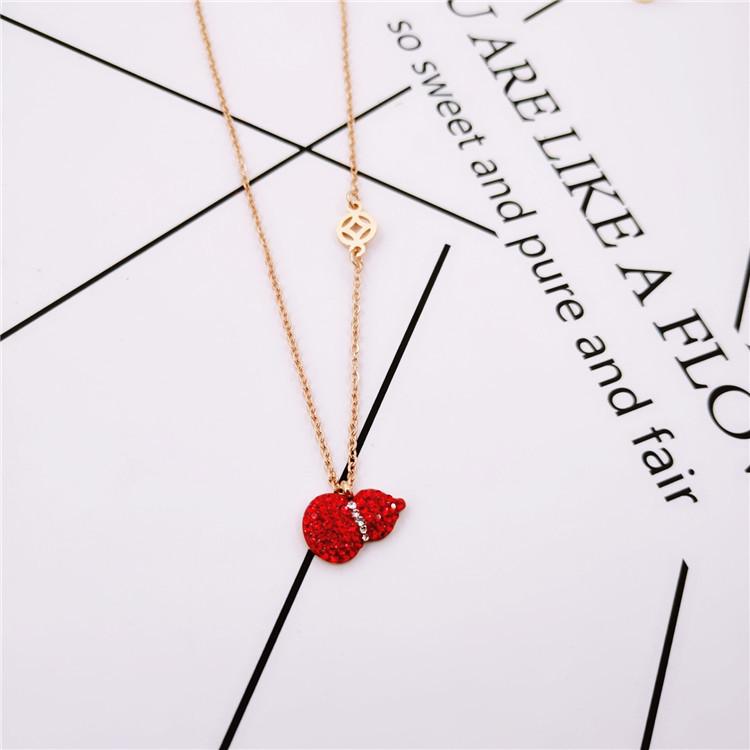 Rose Gold Plated Titanium Steel Pendant Necklace with Red Diamond Money Bag Gourd Design for Women