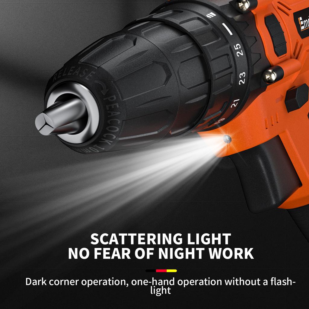 EMDTOOL Cordless Drill Driver 21V Battery Drill Set Electric Screwdriver Set, 25+1 Torque Setting, 2 Speed, LED Light for Home